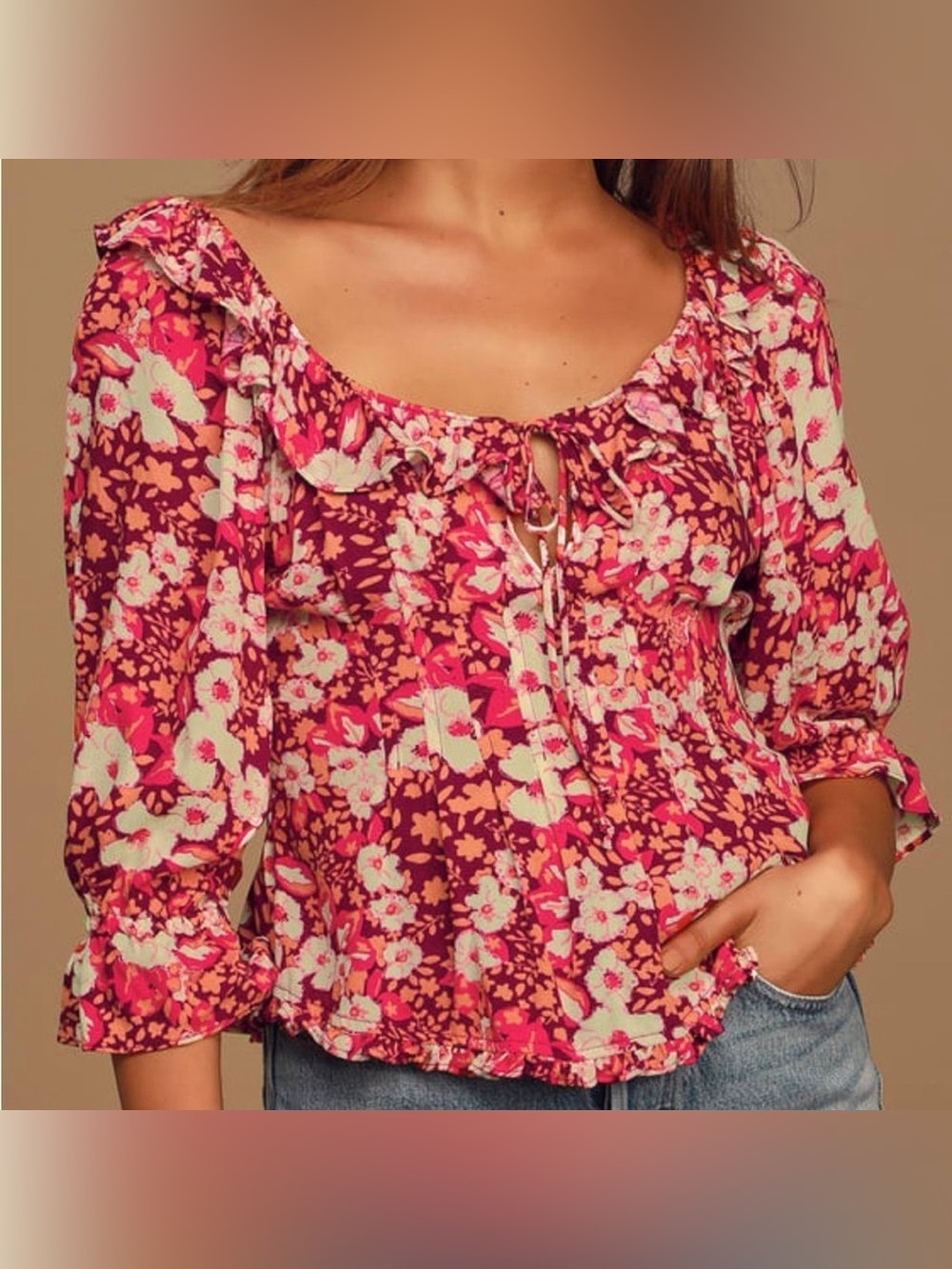 Free People Sweet Memories Pink Multi Floral Print Ruffled Puff Sleeve Top XS